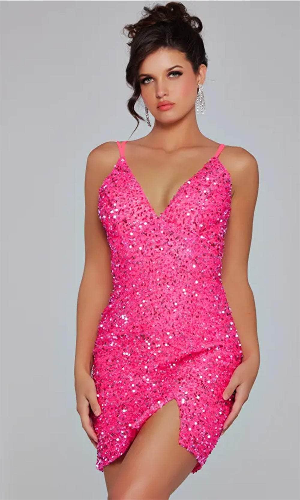 Jovani 39630 - Short Sequin Sheath Dress - Spaghetti Straps, Sequins, Front Slit, Crisscross Lace Up Back, Short Hem ADASA Jovani 39630 - Short Sequin Sheath Dress - Spaghetti Straps, Sequins, Front Slit, Crisscross Lace Up Back, Short Hem ADASA