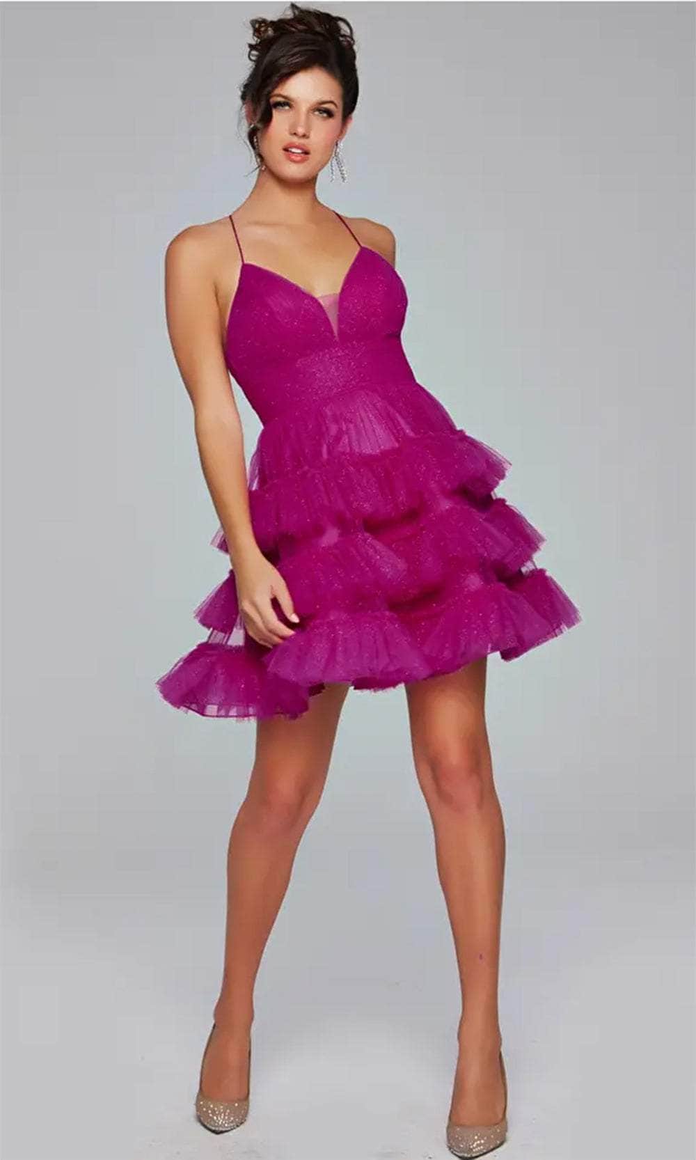 Jovani 39655 - Short Tulle A-Line Dress - Spaghetti Straps, Wide Waistband, Glitters, Lace-Up Back, Ruffled Tier Skirt ADASA Jovani 39655 - Short Tulle A-Line Dress - Spaghetti Straps, Wide Waistband, Glitters, Lace-Up Back, Ruffled Tier Skirt ADASA