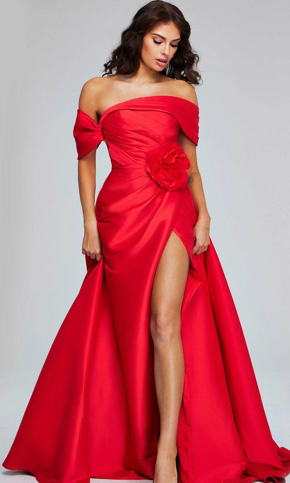 Jovani 40832 - Long A-Line Dress - Asymmetrical Short Sleeves, Pleated Bodice with A Rosette Accent On One Side, Midrise Back, Draped Slit, Sweep Jovani 40832 - Long A-Line Dress - Asymmetrical Short Sleeves, Pleated Bodice with A Rosette Accent On One Side, Midrise Back, Draped Slit, Sweep