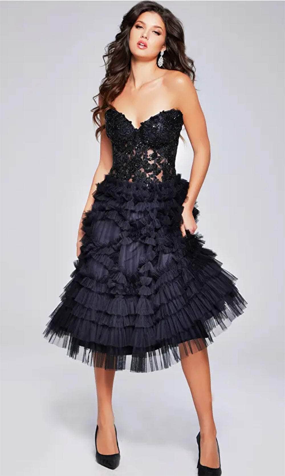 Jovani 40854 - Knee-Length A-Line Dress - Strapless, Corset Bodice, Beaded, Back Zipper Closure, Ruffled Tiered Skirt 2 / Black Jovani 40854 - Knee-Length A-Line Dress - Strapless, Corset Bodice, Beaded, Back Zipper Closure, Ruffled Tiered Skirt 2 / Black