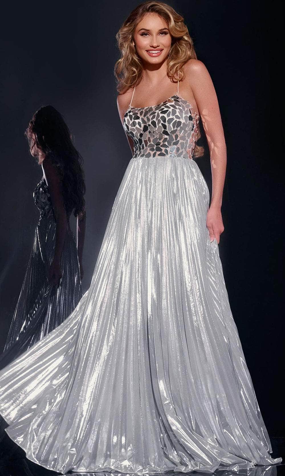 Jovani 41117 Long Metallic A-line Dress Spaghetti Straps