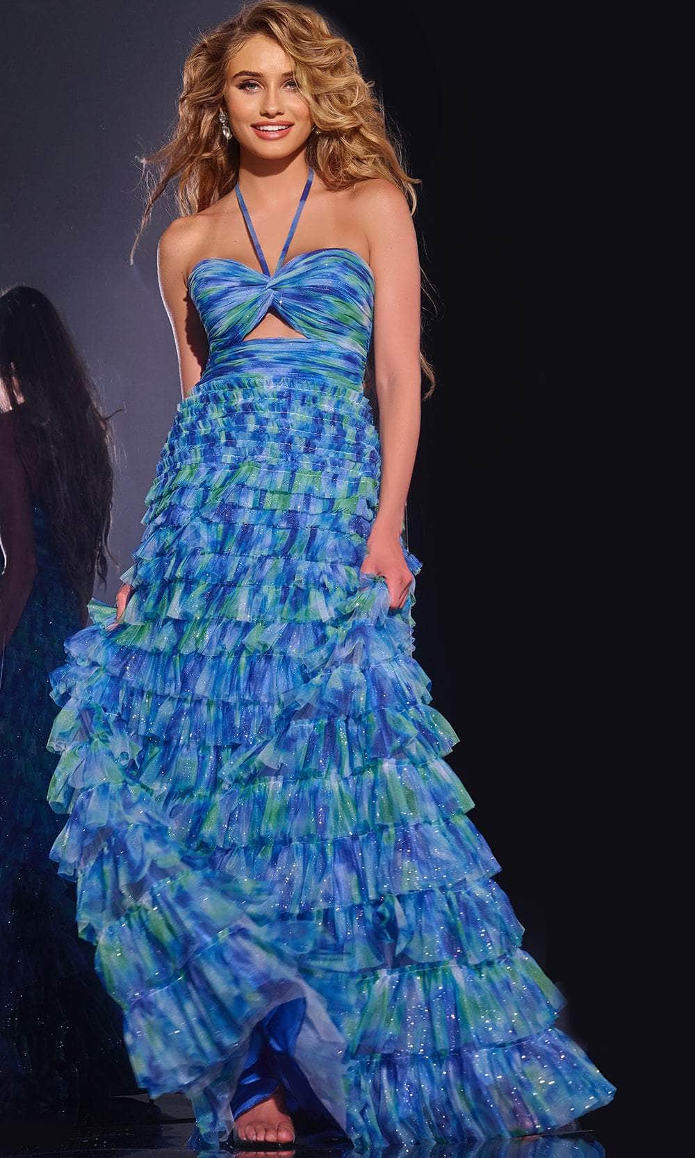 Jovani 42182 - Long Ballgown Dress - Sleeveless, Fitted Bodice, Tiered Ruffle, Keyhole, Back Zipper Closure, Train 0 / Royal/Multi Jovani 42182 - Long Ballgown Dress - Sleeveless, Fitted Bodice, Tiered Ruffle, Keyhole, Back Zipper Closure, Train 0 / Royal/Multi