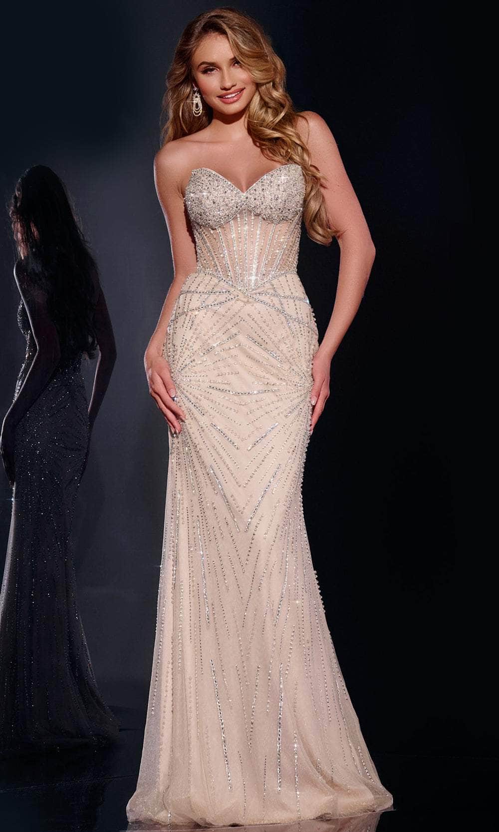 Jovani 42206 - Long Sequin, Sheer Sheath Dress - Strapless, Beaded, Sheer Corset Bodice, Sweep Train 00 / Silver/Nude Jovani 42206 - Long Sequin, Sheer Sheath Dress - Strapless, Beaded, Sheer Corset Bodice, Sweep Train 00 / Silver/Nude