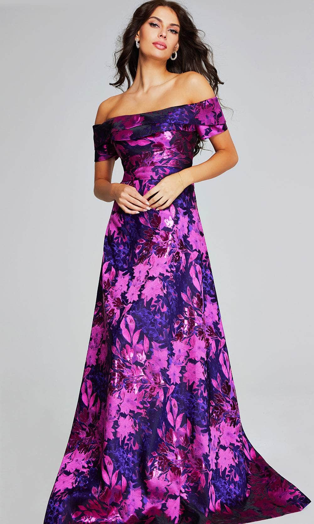 pleated maxi dress off the shoulder Jovani 42506 - Long A-Line Dress