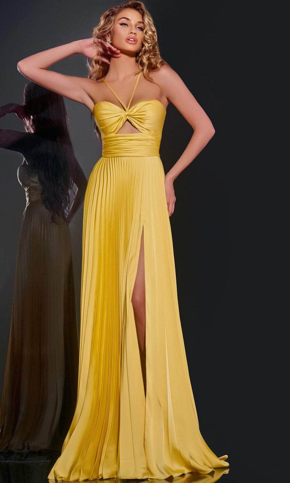Jovani 42971 - Long Satin A-line Dress - Spaghetti Straps, Pleated, Cutout Accent, Empire Band, High Slit, Sweep Train ADASA Jovani 42971 - Long Satin A-line Dress - Spaghetti Straps, Pleated, Cutout Accent, Empire Band, High Slit, Sweep Train ADASA