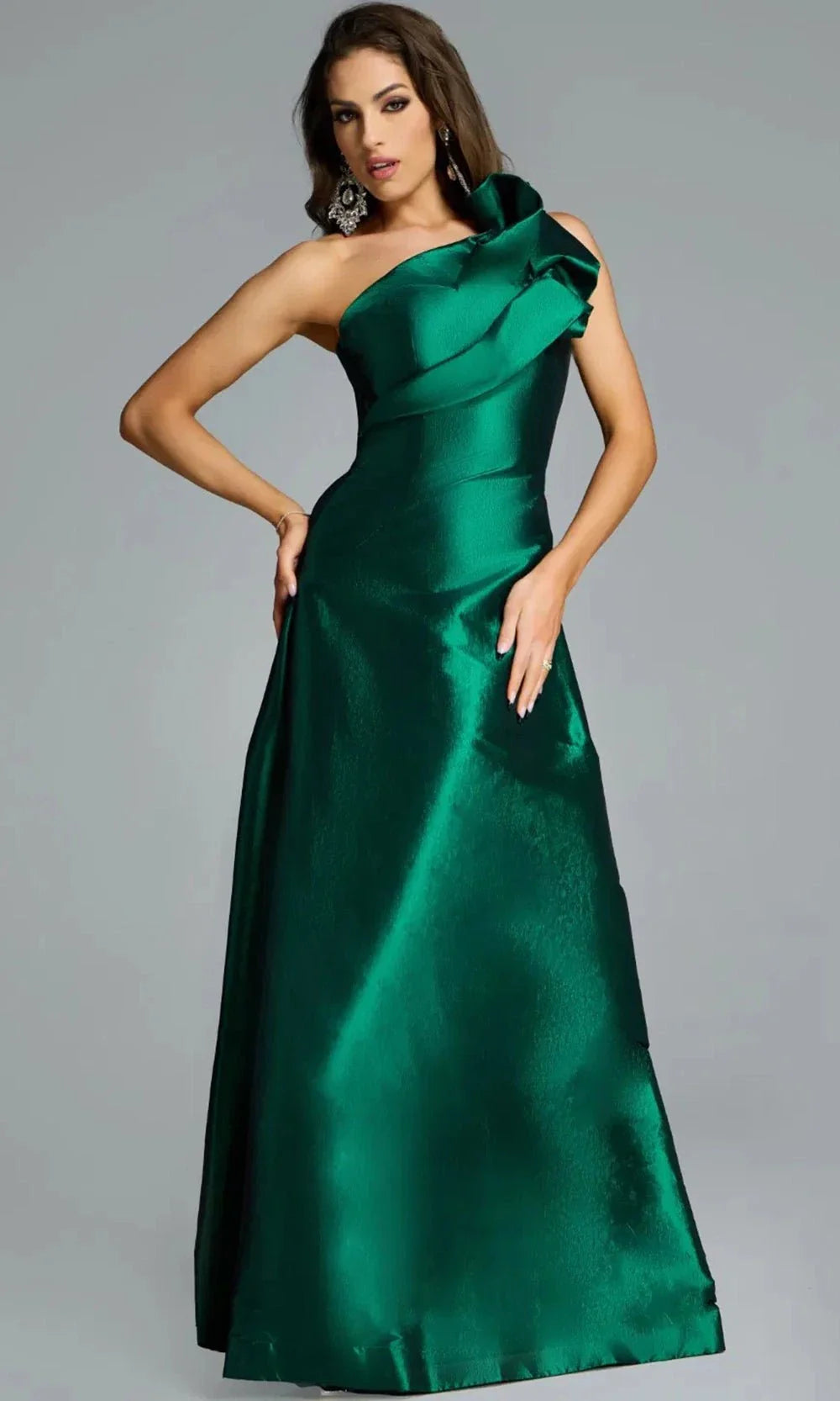 Jovani 43048 - Elegant A-Line Gown with Ruffled Shoulder Evening Dresses