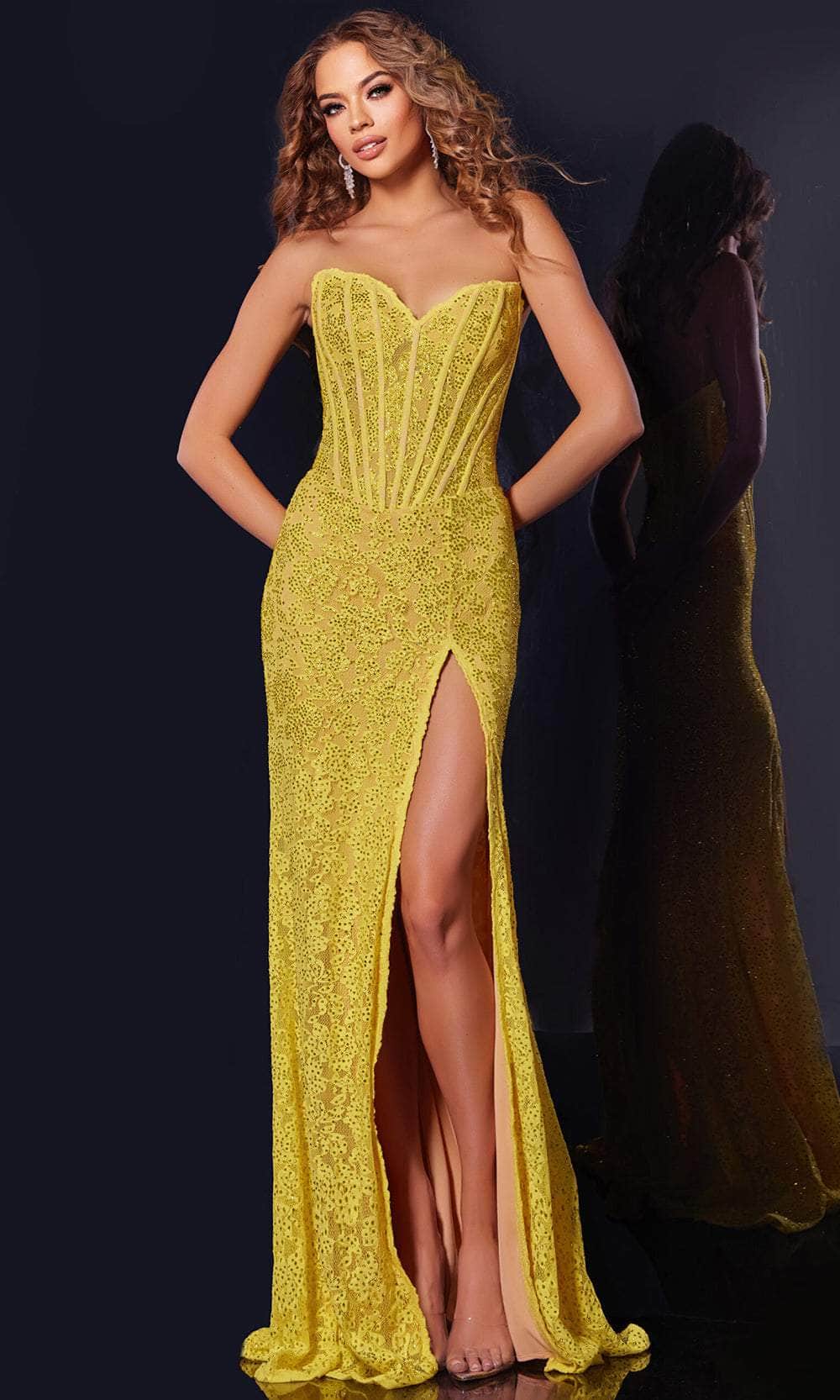 Jovani 43093 - High Slit Applique Prom Dress Prom Dresses 00 / Yellow