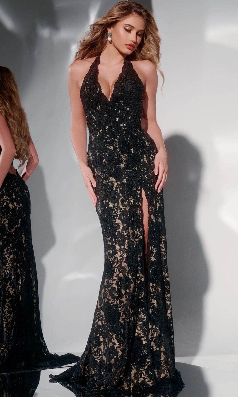 Jovani 43097 - Long Lace Sheath Dress - Sleeveless, Scalloped, High Slit, Low Cutout Back, Sweep Train ADASA Jovani 43097 - Long Lace Sheath Dress - Sleeveless, Scalloped, High Slit, Low Cutout Back, Sweep Train ADASA