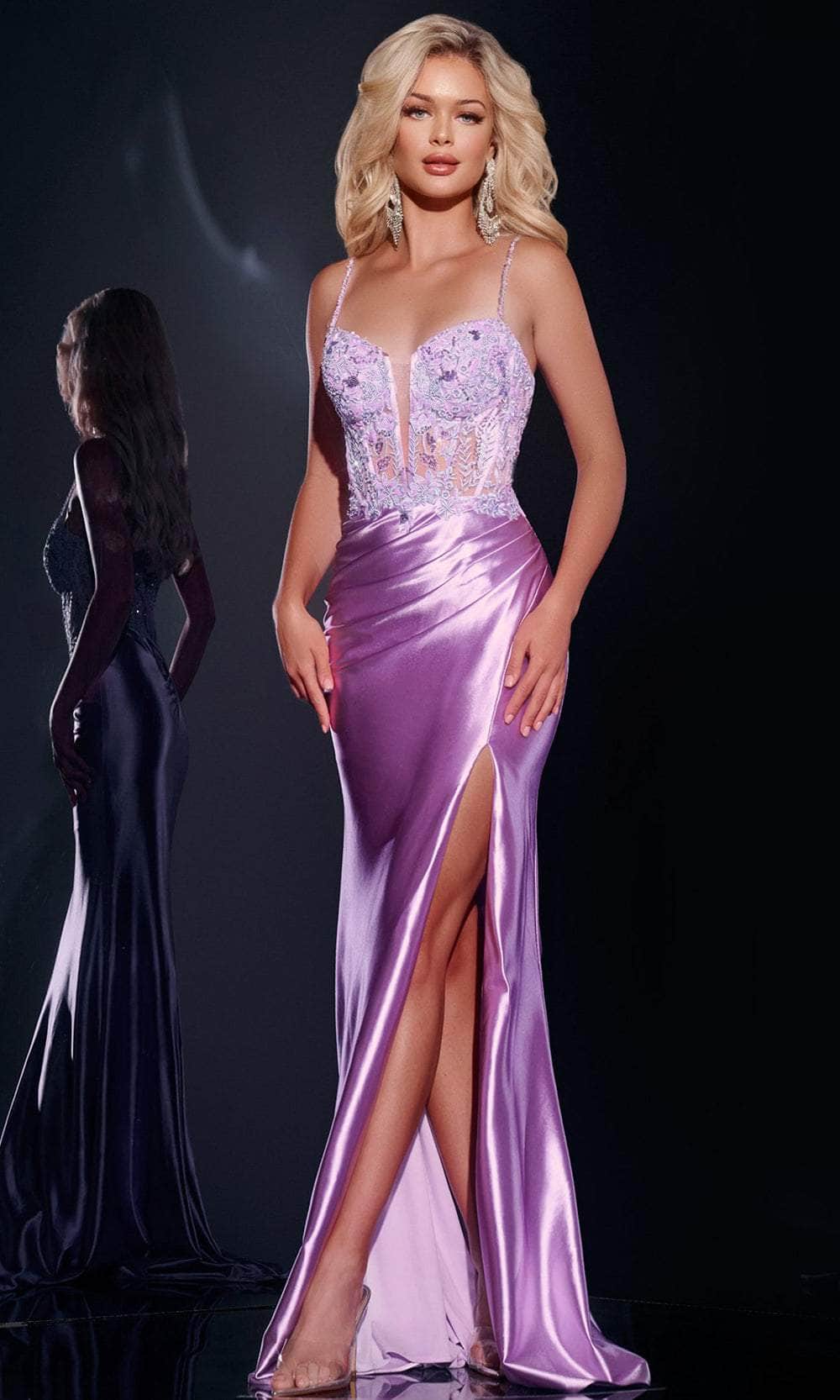 Jovani 43569 - Plunging V-Neck Satin Prom Gown Prom Dresses 00 / Lilac
