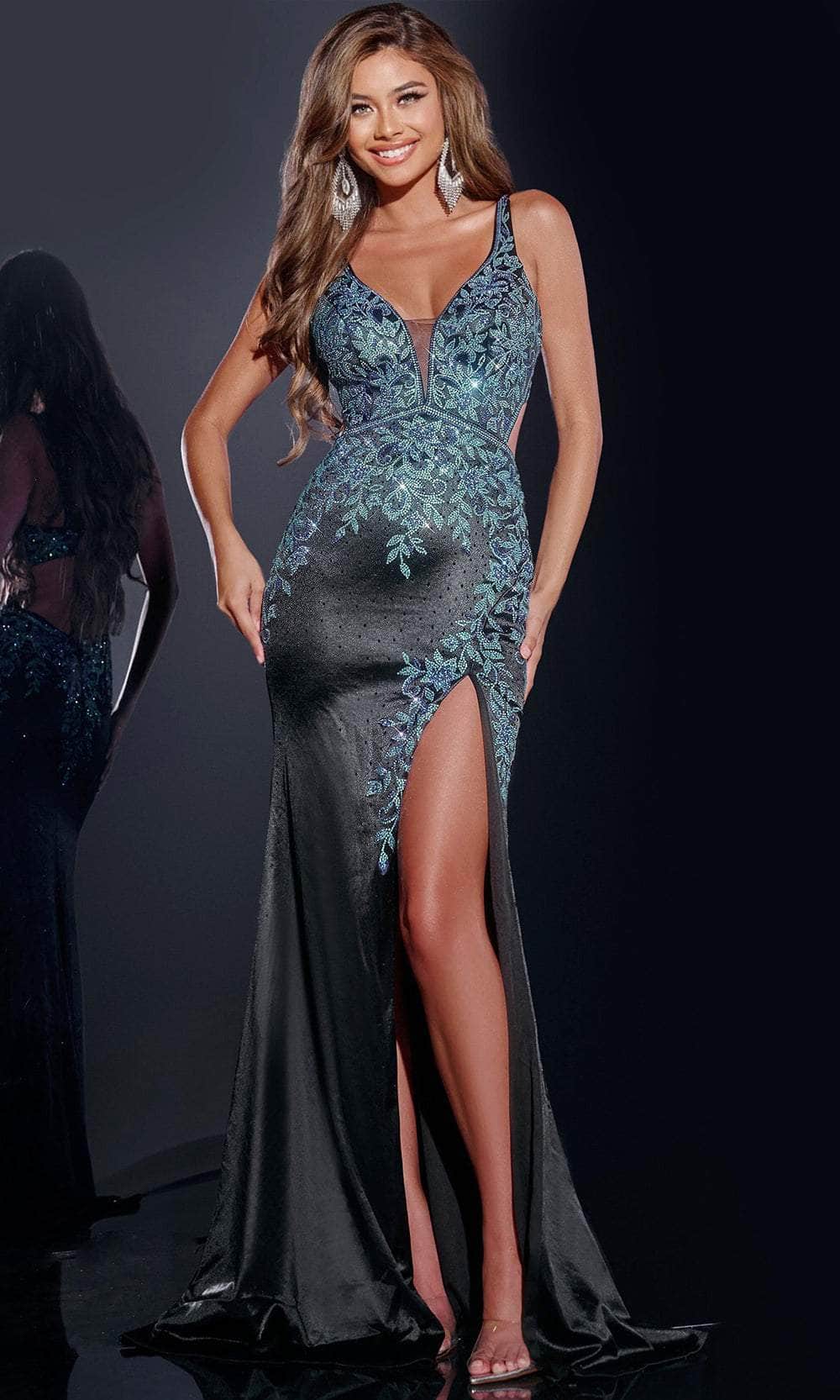 Jovani 43796 - Long Sheath Dress - Sleeveless, Beaded, Lace Applique, High Slit, Bandeau Lace-Up Back, Sweep Train, Fitted, Wide Straps ADASA Jovani 43796 - Long Sheath Dress - Sleeveless, Beaded, Lace Applique, High Slit, Bandeau Lace-Up Back, Sweep Train, Fitted, Wide Straps ADASA