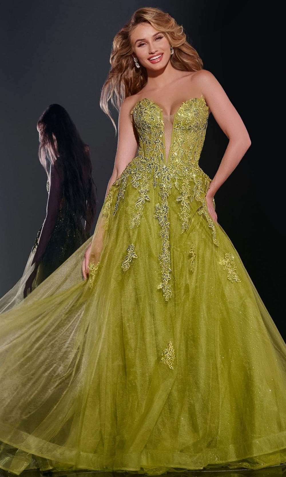 Jovani 43849 - Long Tulle A-Line Dress - Embroidered Details, Beaded, Illusion Inset, Corset Boning, High Slit, Sweep Train 0 / Green Jovani 43849 - Long Tulle A-Line Dress - Embroidered Details, Beaded, Illusion Inset, Corset Boning, High Slit, Sweep Train 0 / Green