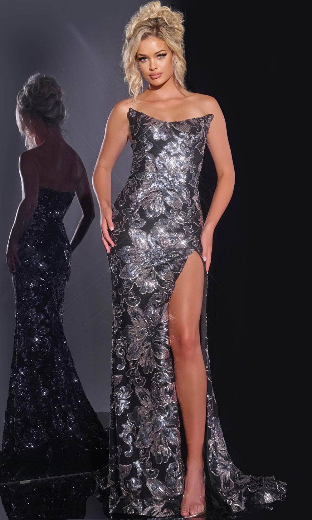 Jovani 44116 - Long Mermaid Dress - Strapless, Floral Sequined, Illusion Sides, Midrise Back, High Slit, Sweep Train ADASA Jovani 44116 - Long Mermaid Dress - Strapless, Floral Sequined, Illusion Sides, Midrise Back, High Slit, Sweep Train ADASA