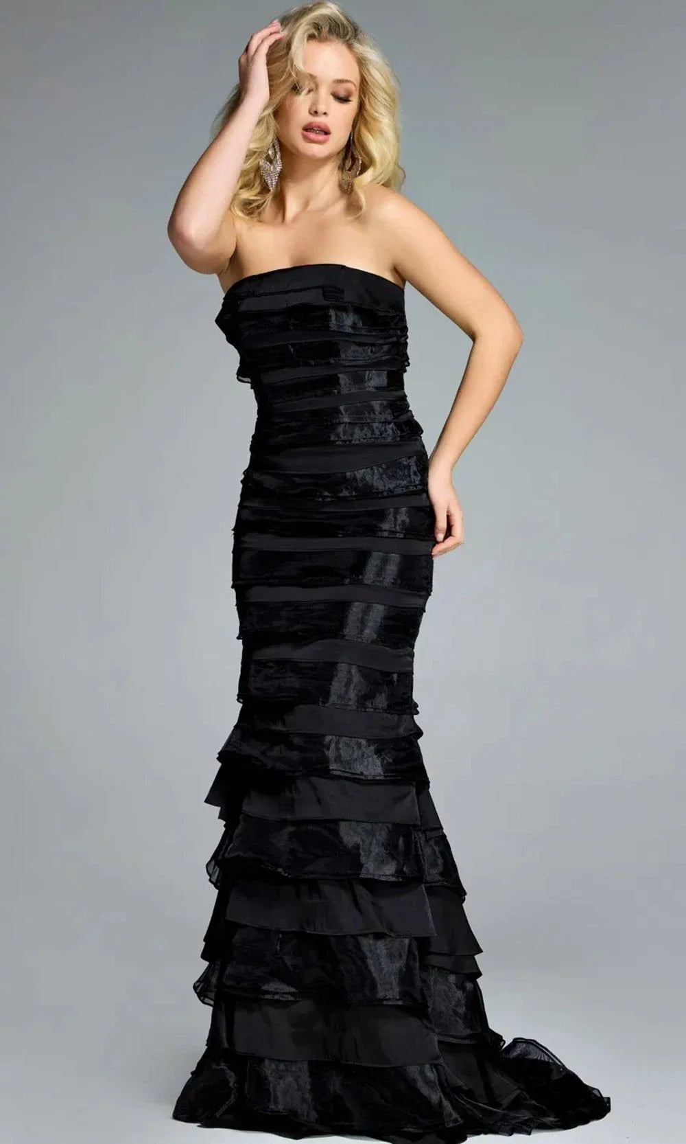 Jovani 44383 - Long Sheath Dress - Strapless, Horizontal Tiered Layers, Fitted, Sweep Train 0 / Navy Jovani 44383 - Long Sheath Dress - Strapless, Horizontal Tiered Layers, Fitted, Sweep Train 0 / Navy
