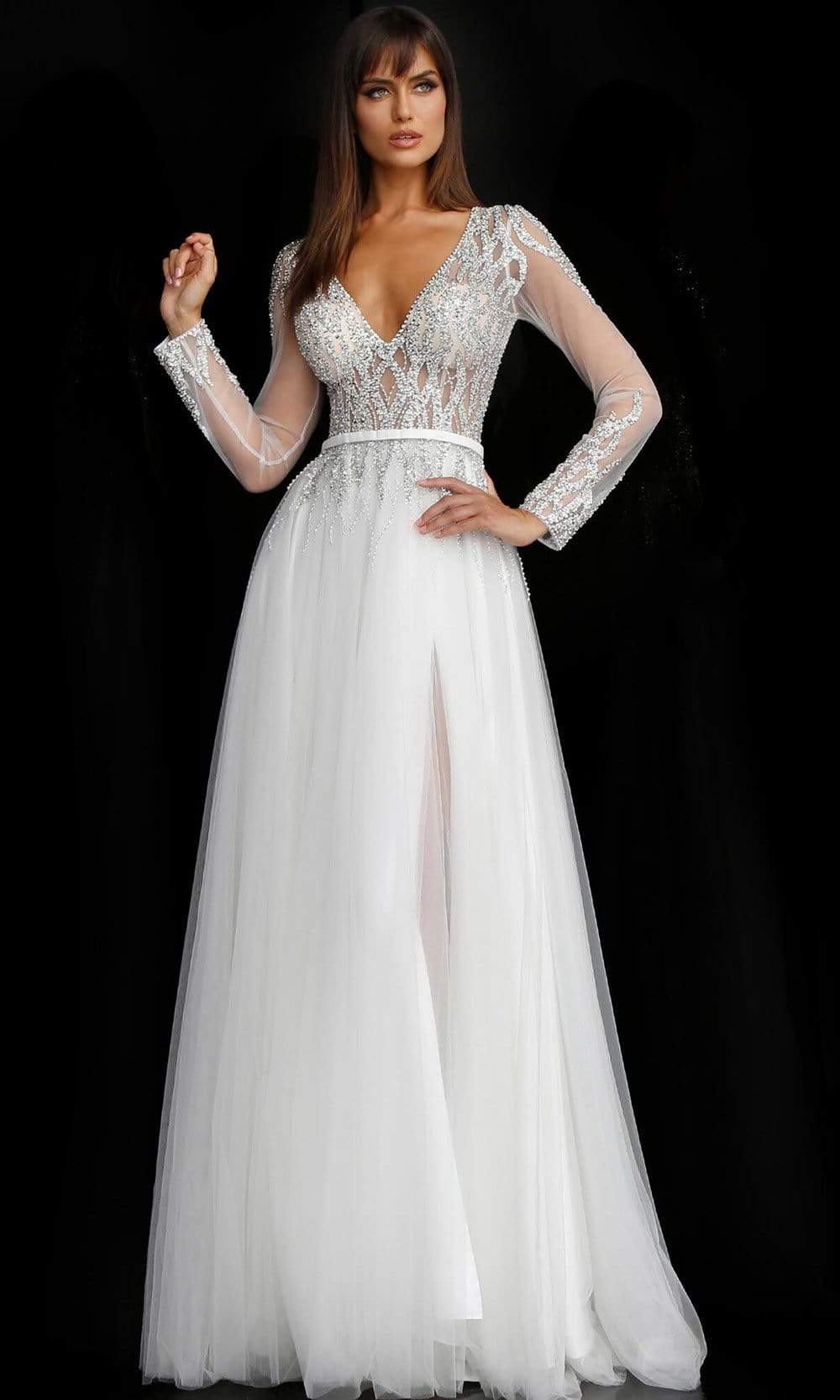 Jovani 60325 - Long A-Line Dress - Sheer Long Sleeves, Plunging Neckline, Fitted Bodice, Embellishments, Thin Band, A-Line Skirt 0 / Off-White Jovani 60325 - Long A-Line Dress - Sheer Long Sleeves, Plunging Neckline, Fitted Bodice, Embellishments, Thin Band, A-Line Skirt 0 / Off-White