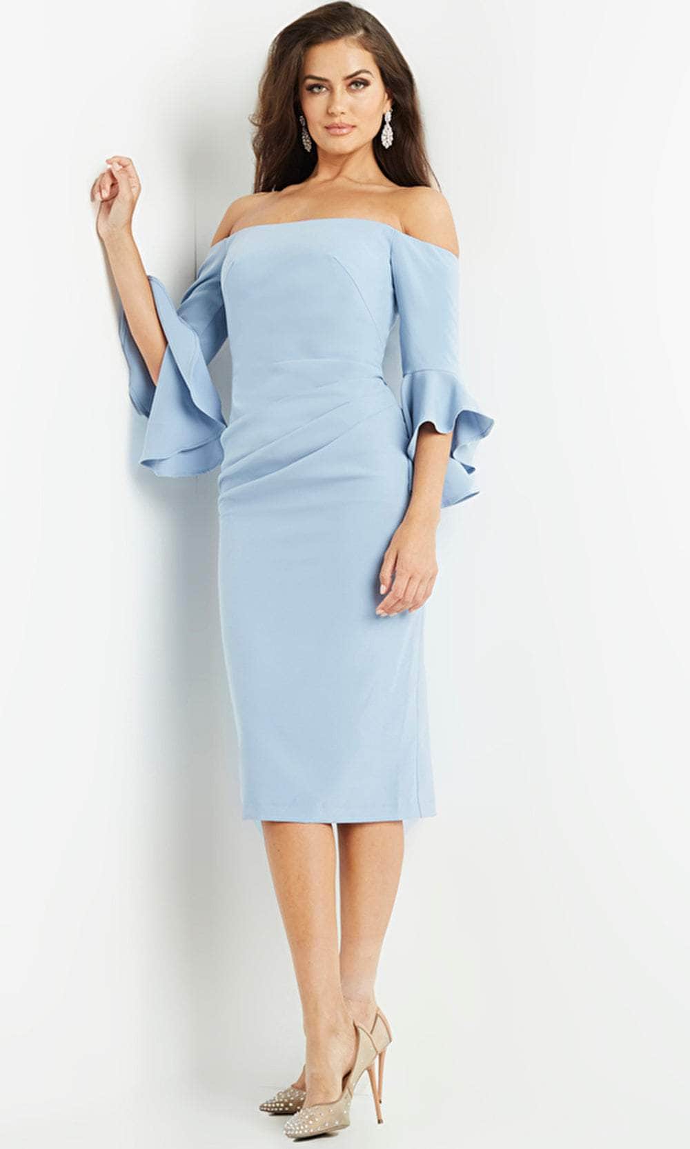 Jovani 7066 - Quarter Sleeves Off Shoulder Prom Dress Cocktail Dresses 00 / Light-Blue