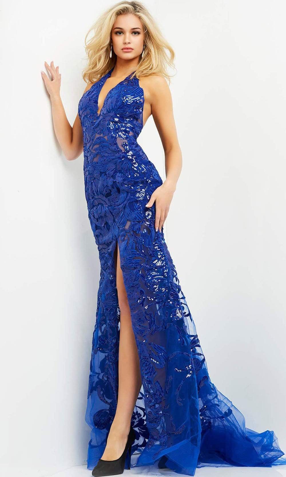 Jovani 8110 - Long Mermaid Dress - Sequin, Open Back, Plunging Neckline, Open back, Sheer skirt, High leg slit, Fit and flare, Horsehair hem, Partially lined ADASA Jovani 8110 - Long Mermaid Dress - Sequin, Open Back, Plunging Neckline, Open back, Sheer skirt, High leg slit, Fit and flare, Horsehair hem, Partially lined ADASA