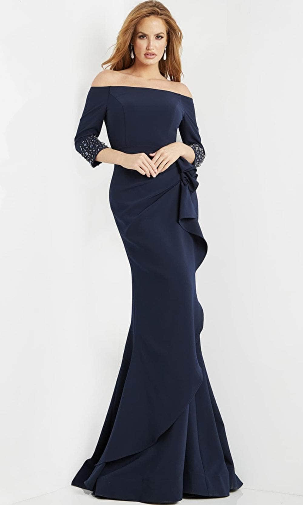 Jovani 8699 - Quarter Sleeve Off-Shoulder Evening Dress Evening Dresses 00 / Navy