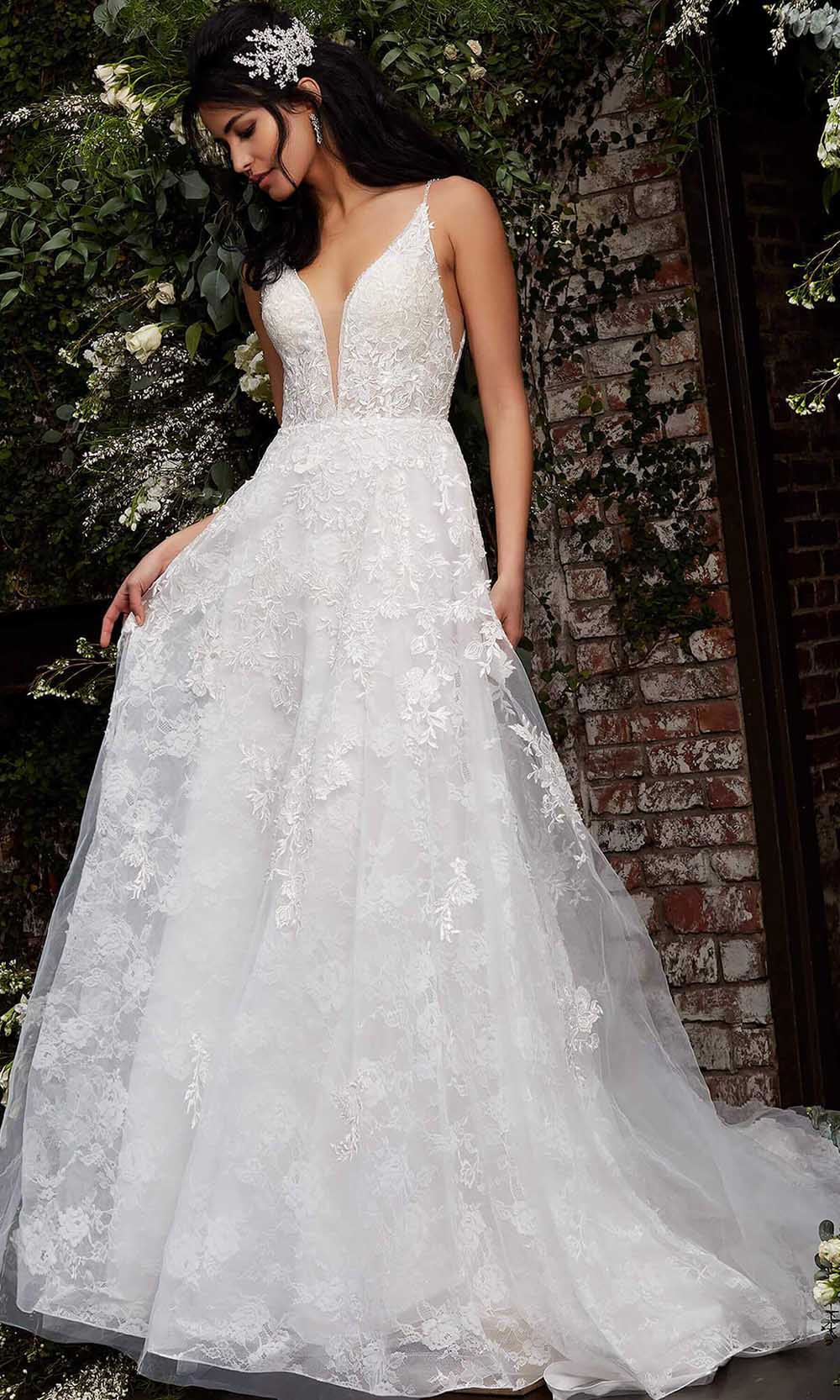 Jovani Bridal JB07147 - Long A-Line Dress - Sleeveless, Lace, Plunging Neckline, Beaded Straps, V-Open Back, Train 0 / Ivory Jovani Bridal JB07147 - Long A-Line Dress - Sleeveless, Lace, Plunging Neckline, Beaded Straps, V-Open Back, Train 0 / Ivory
