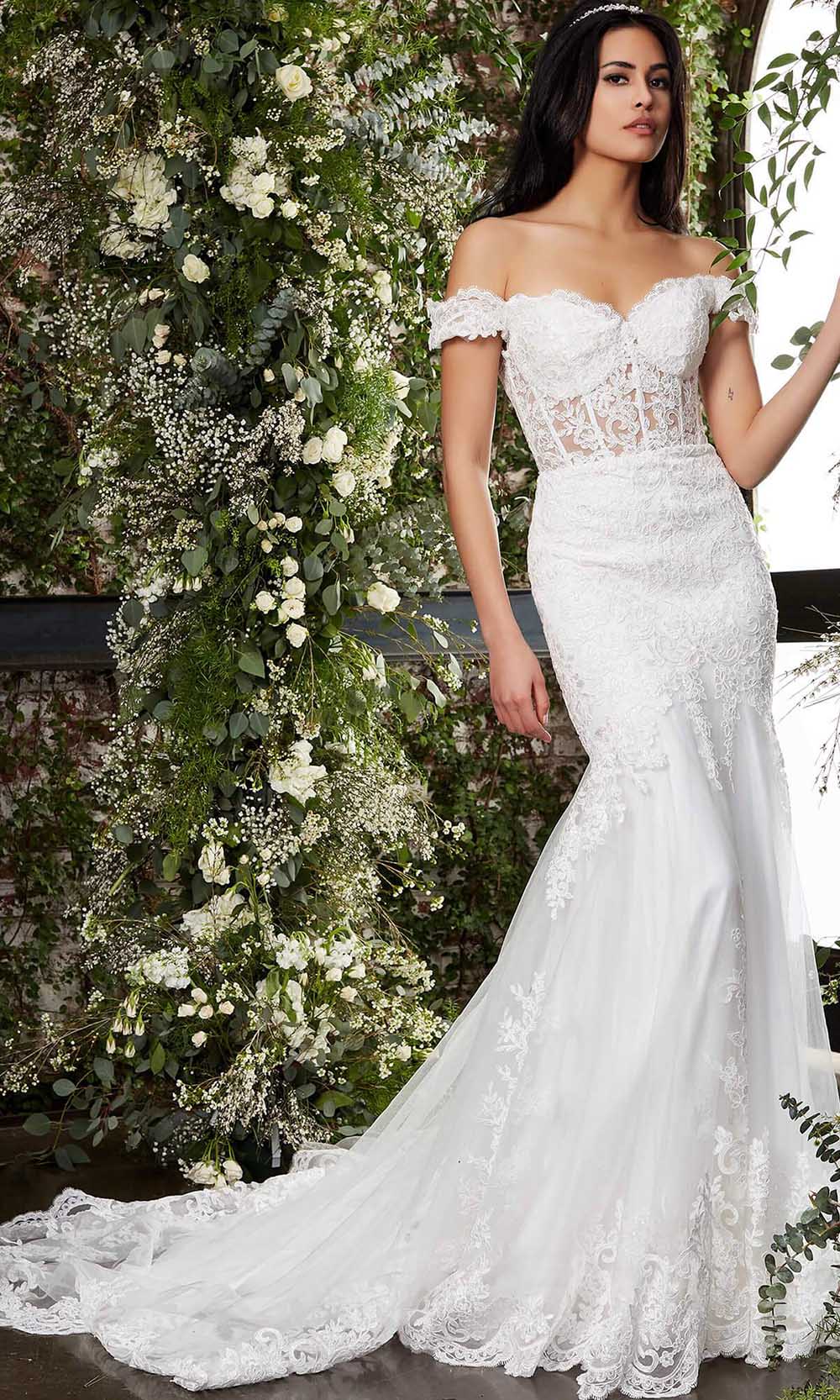 Jovani Bridal JB07161 - Long Trumpet Dress - Corset boning, Sheer lace bodice, Train 18 / Ivory Jovani Bridal JB07161 - Long Trumpet Dress - Corset boning, Sheer lace bodice, Train 18 / Ivory