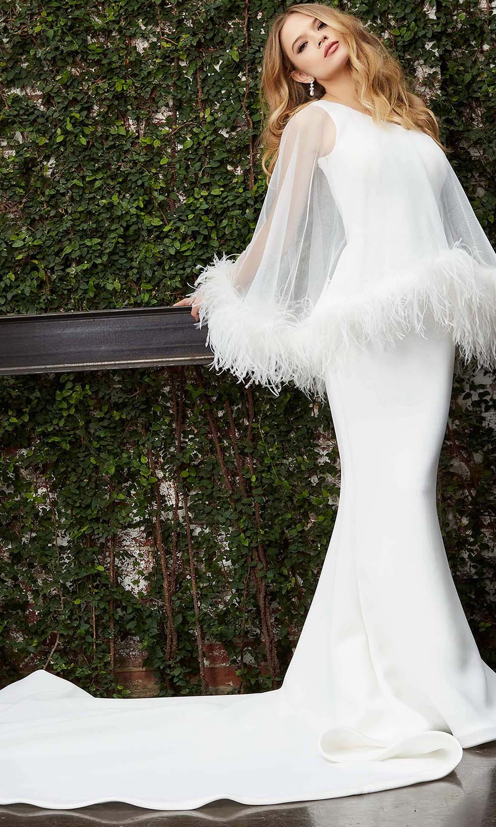 fitted lace wedding dress Jovani -JB03910 Cowl Neckline Bridal Mermaid Dress 12 / Off-White