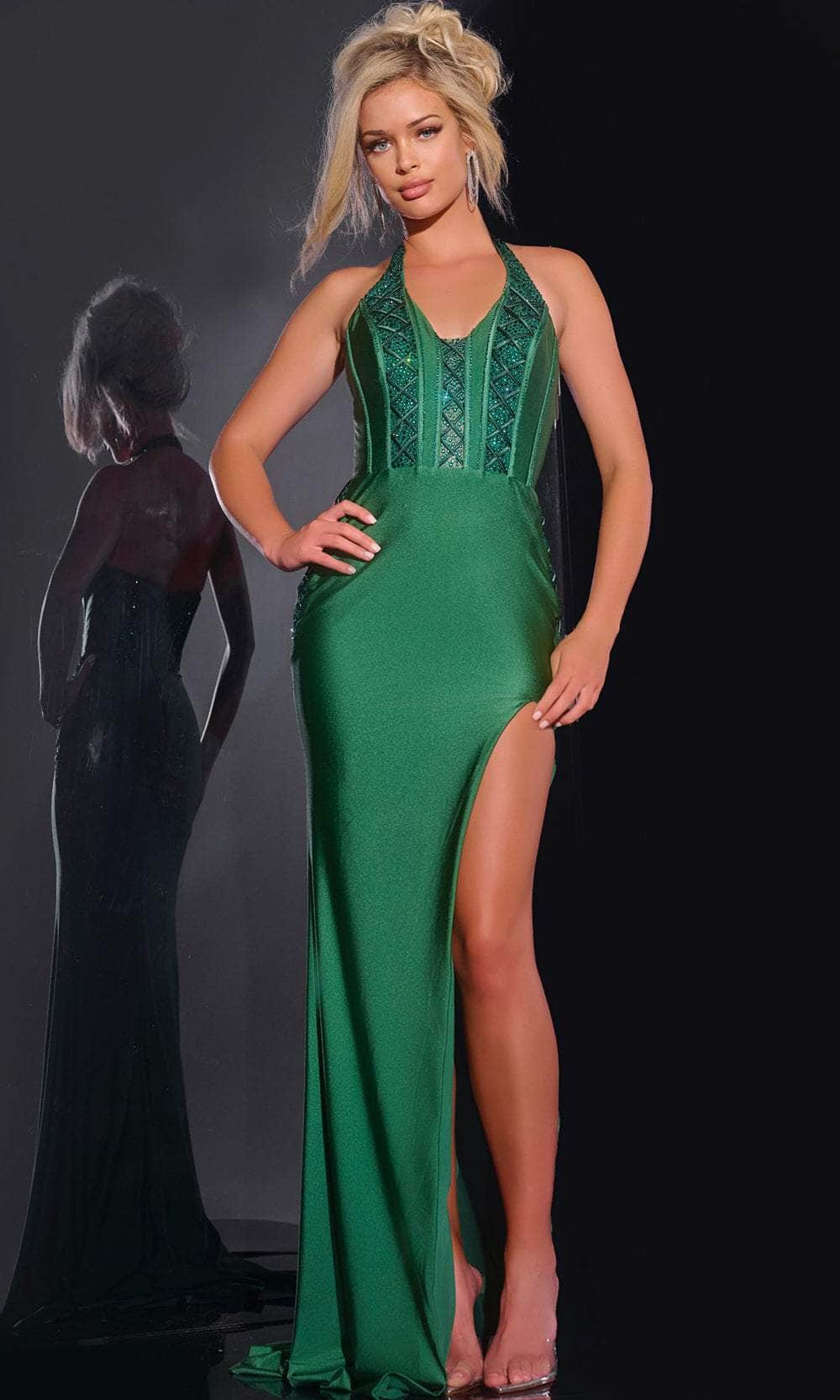 Jovani D5034 - Geometric Halter Prom Dress Prom Dresses 00 / Emerald