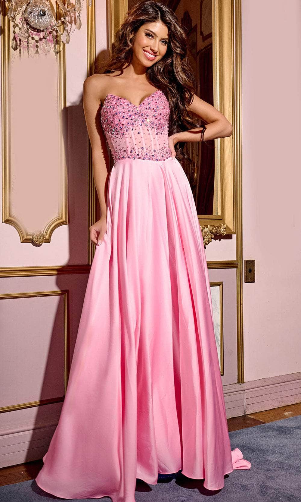 Jovani D6021 - Long Chiffon A-Line Dress - Corset Bodice, Rhinestone Embellished, Strapless, Ruched, Train ADASA Jovani D6021 - Long Chiffon A-Line Dress - Corset Bodice, Rhinestone Embellished, Strapless, Ruched, Train ADASA