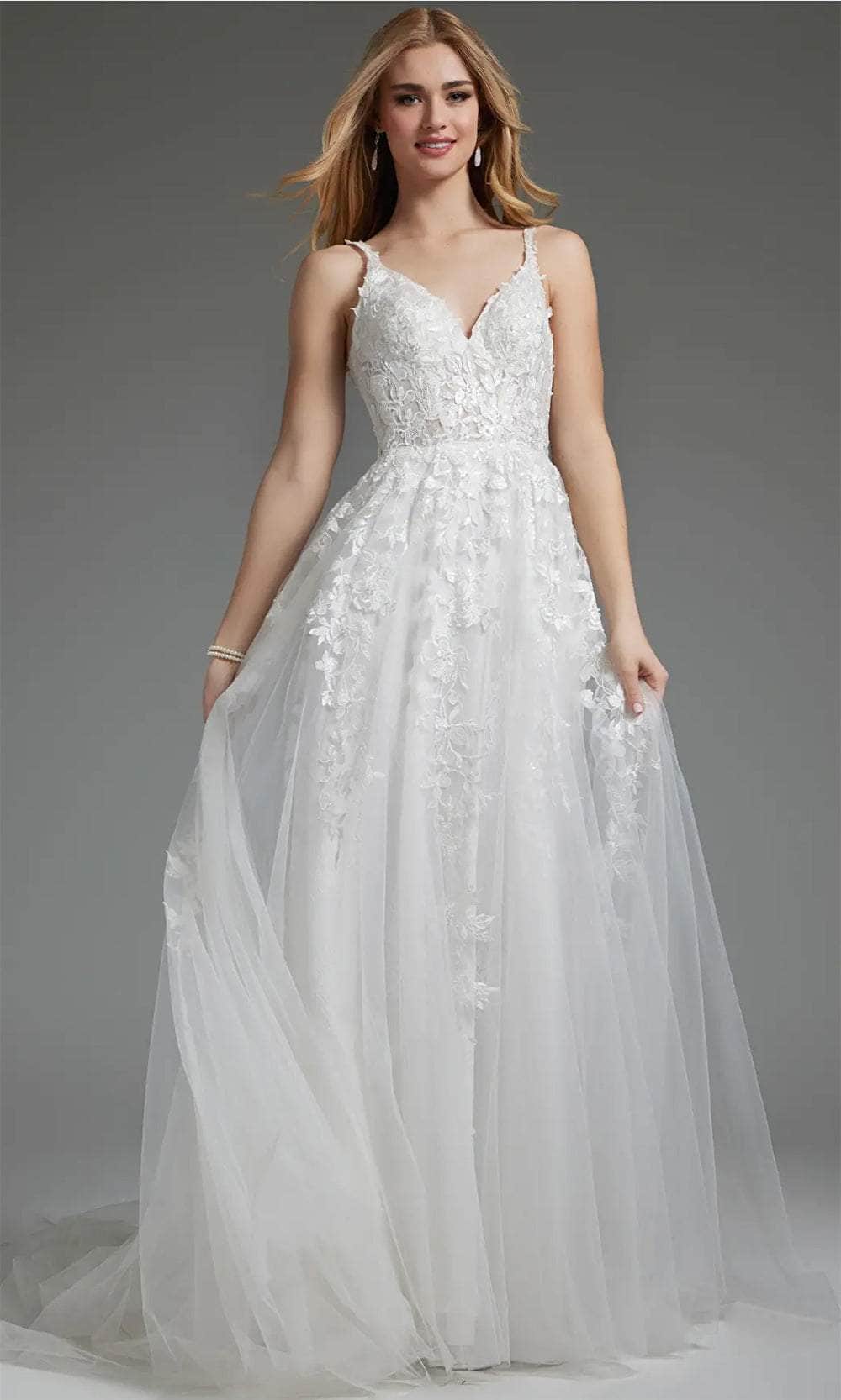 Jovani JB07311 - Long Embellished Lace with Chantilly Lace Underlay A-Line Dress - Spaghetti Straps, Corset Boning, Embroidered, Midrise Back, Buttons, Court Train ADASA Jovani JB07311 - Long Embellished Lace with Chantilly Lace Underlay A-Line Dress - Spaghetti Straps, Corset Boning, Embroidered, Midrise Back, Buttons, Court Train ADASA