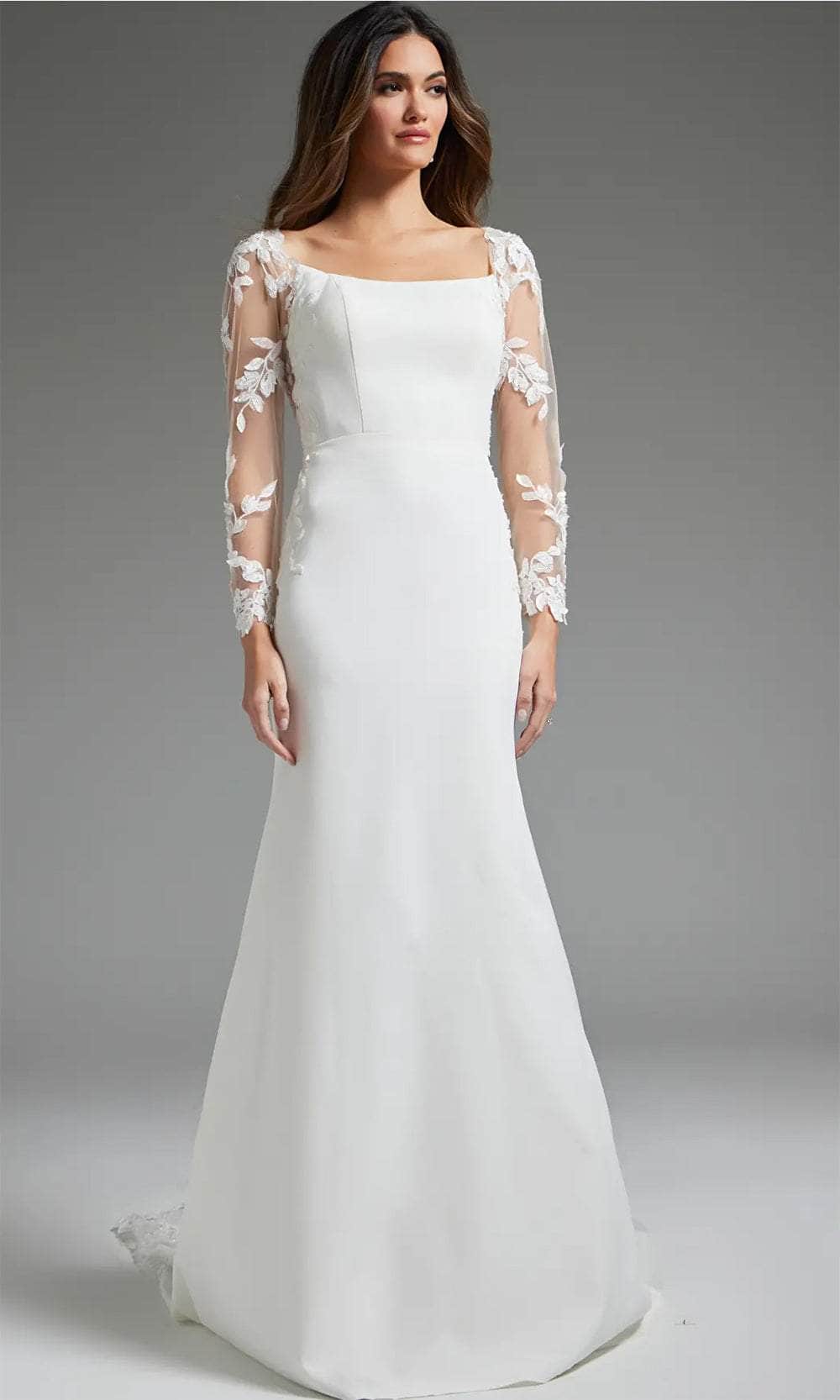 Jovani JB42297 - Long Crepe Sheath Dress - Long Sleeve, Illusion Bodice, Leaf Lace Appliques, Beaded, Buttons Closure, Court Train 8 / Ivory/Nude Jovani JB42297 - Long Crepe Sheath Dress - Long Sleeve, Illusion Bodice, Leaf Lace Appliques, Beaded, Buttons Closure, Court Train 8 / Ivory/Nude