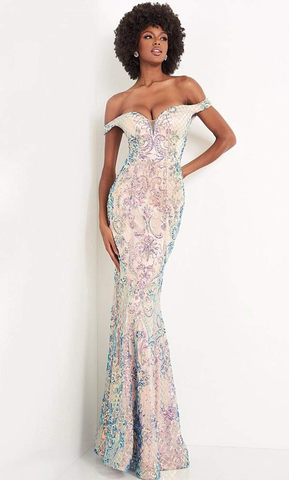 Jovani - JVN04515 Plunging Off Shoulder Neckline Embellished Gown Prom Dresses 00 / Nude