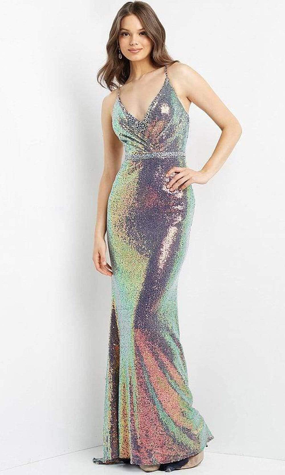 JVN by Jovani JVN06391 - Long Sheath Dress - Sleeveless, Spaghetti Straps, Fitted Bodice, Shimmer, Holographic, Mid Back, Back Zipper, Floor Length, JVN by Jovani JVN06391 - Long Sheath Dress - Sleeveless, Spaghetti Straps, Fitted Bodice, Shimmer, Holographic, Mid Back, Back Zipper, Floor Length,