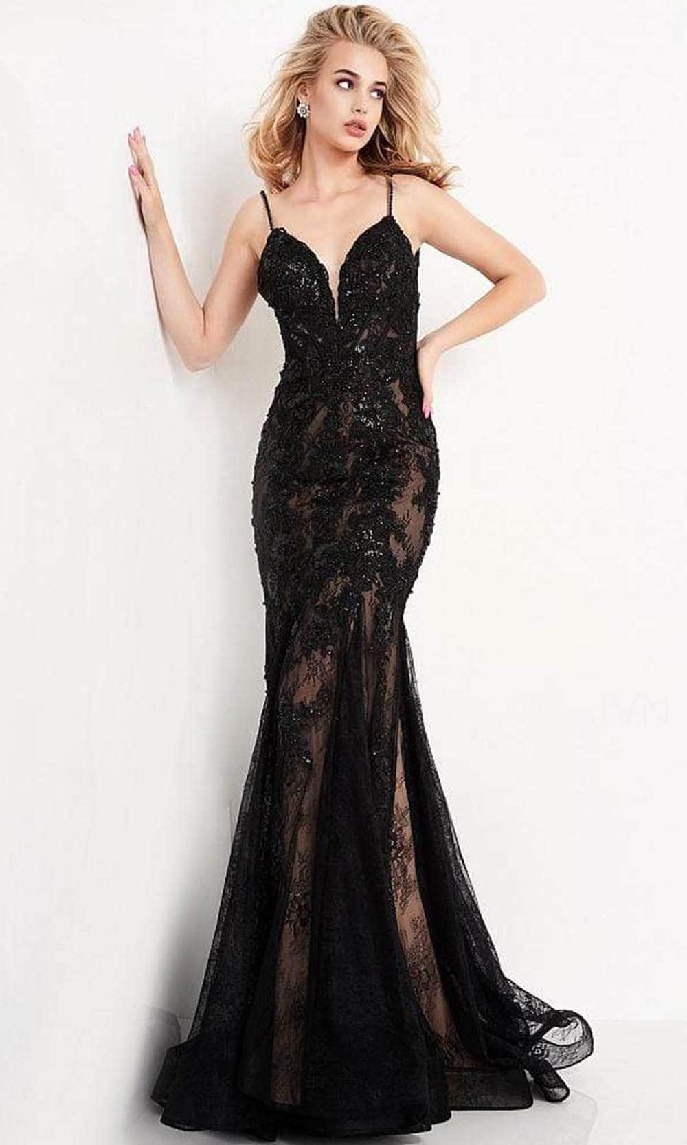 Jovani - JVN06475 Embellished Deep V Neck Trumpet Dress Prom Dresses 00 / Black