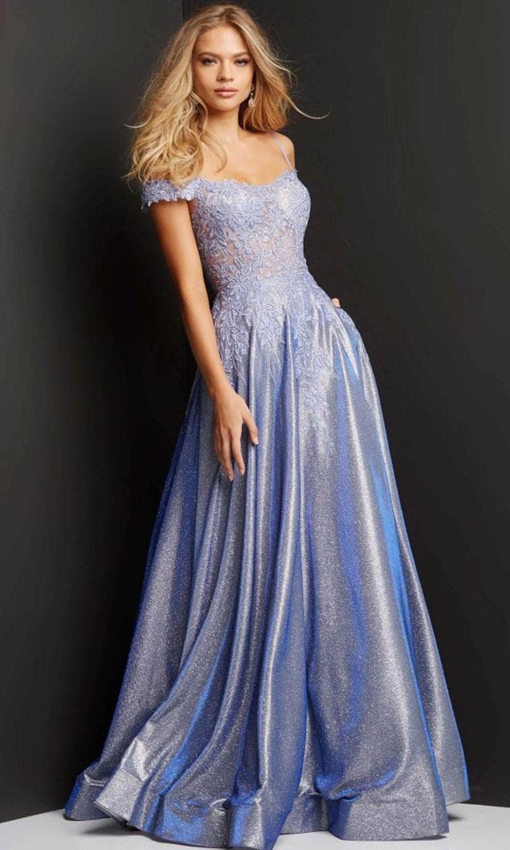 Jovani JVN06503 - Off Shoulder Appliqued Prom Gown Prom Dresses 00 / Perriwinkle