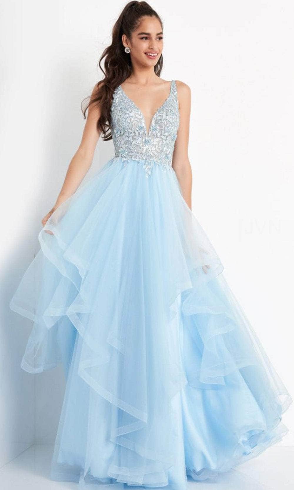 JVN by Jovani JVN06743 - Long A-line Dress - Fitted bodice, Floral lace  appliques, Sequins, Plunging neckline, Zipper closure  ADASA