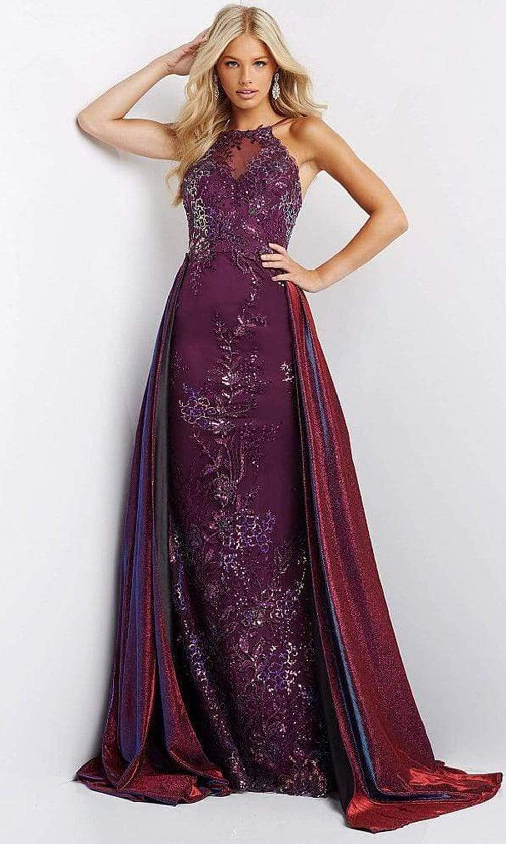 JVN by Jovani JVN07379 - Long Sheath/A-line Dress - Sleeveless, Beads,  Fitted bodice, Embellished, Overskirt, Glitters, Open back, Back zipper,  Floor length, Sweep train  ADASA