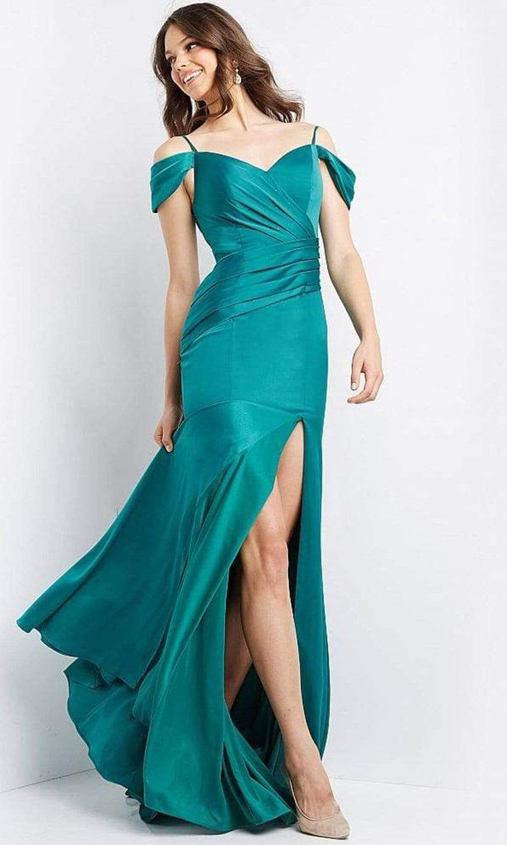 Jovani - JVN08414 Cold Shoulder Pleated Bodice High Slit Long Dress Special Occasion Dress 00 / Emerald