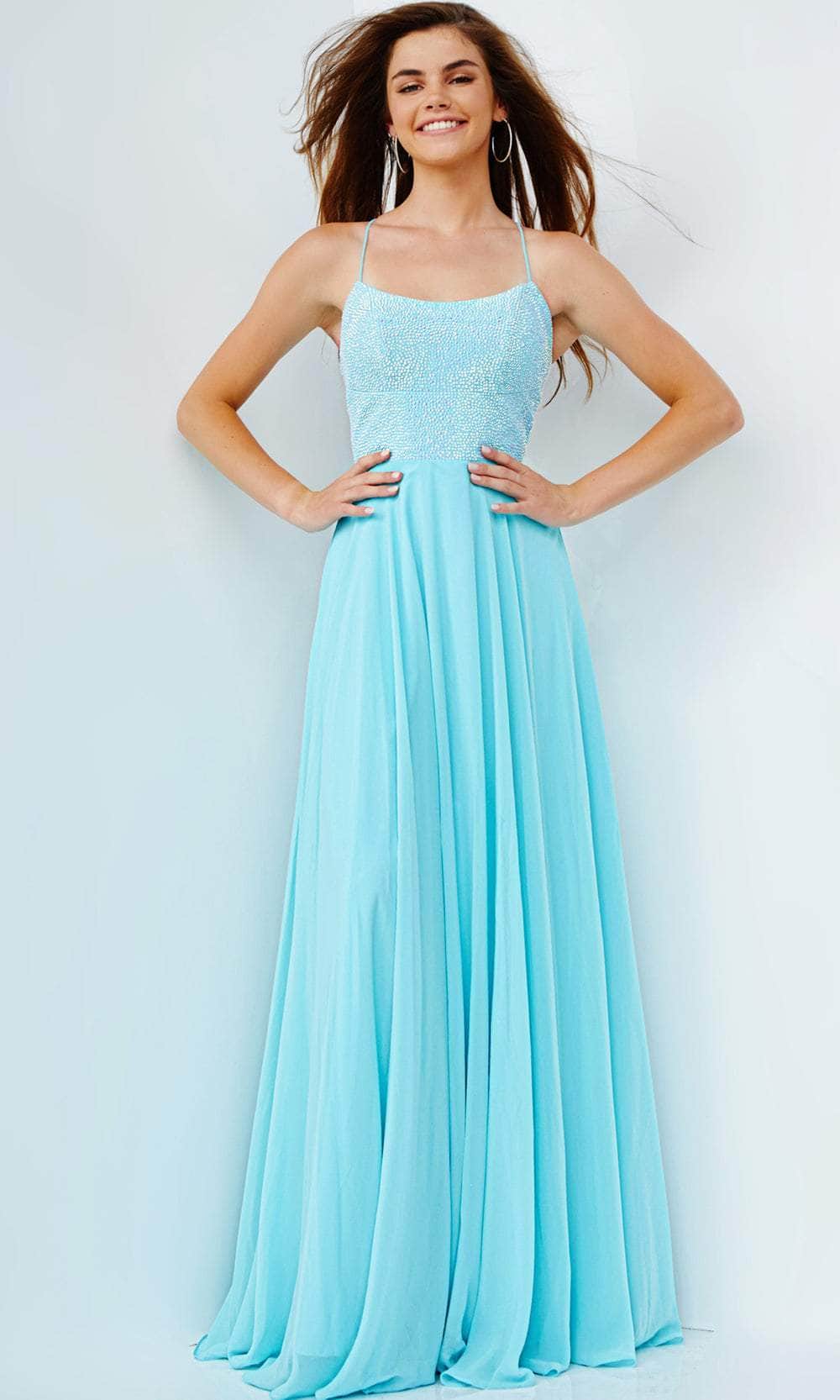 JVN by Jovani JVN22288 - Long Silk Chiffon A-Line Dress - Spaghetti Strap, Beaded, Wide Waistband, Lace-Up Back, Pleated, Sweep Train ADASA JVN by Jovani JVN22288 - Long Silk Chiffon A-Line Dress - Spaghetti Strap, Beaded, Wide Waistband, Lace-Up Back, Pleated, Sweep Train ADASA
