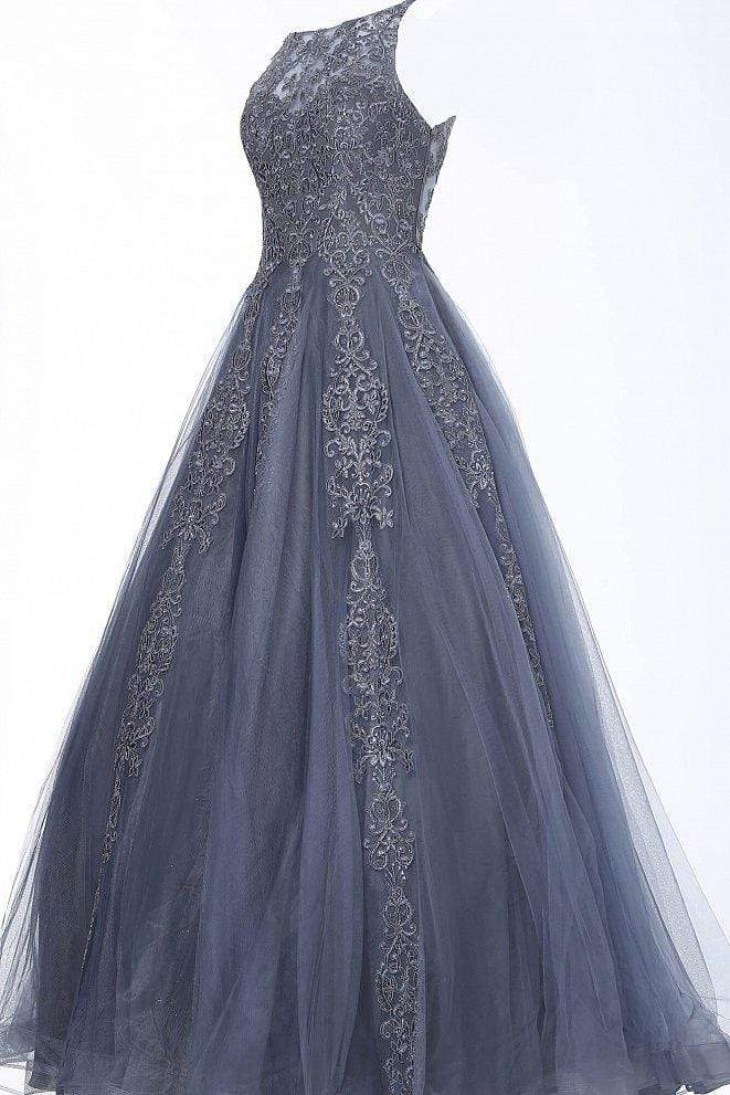 Jovani - JVN59046 Embellished Sleeveless Tulle Gown Prom Dresses 00 / Charcoal