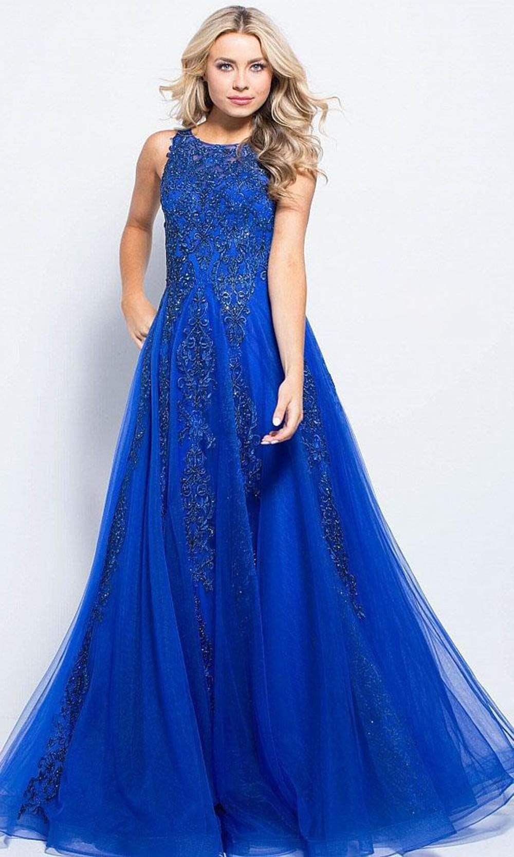 Jovani - JVN59046 Embellished Sleeveless Tulle Gown Prom Dresses 00 / Navy/Aqua