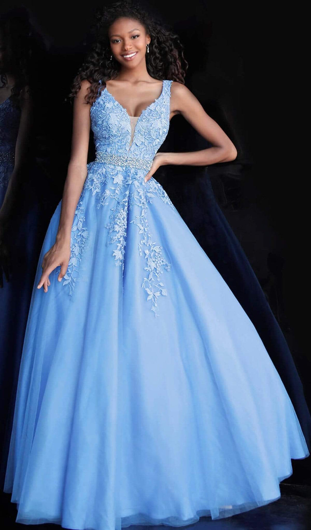 Jovani - JVN68258 Embellished Lace Deep V-neck Ballgown Special Occasion Dress 00 / Blue
