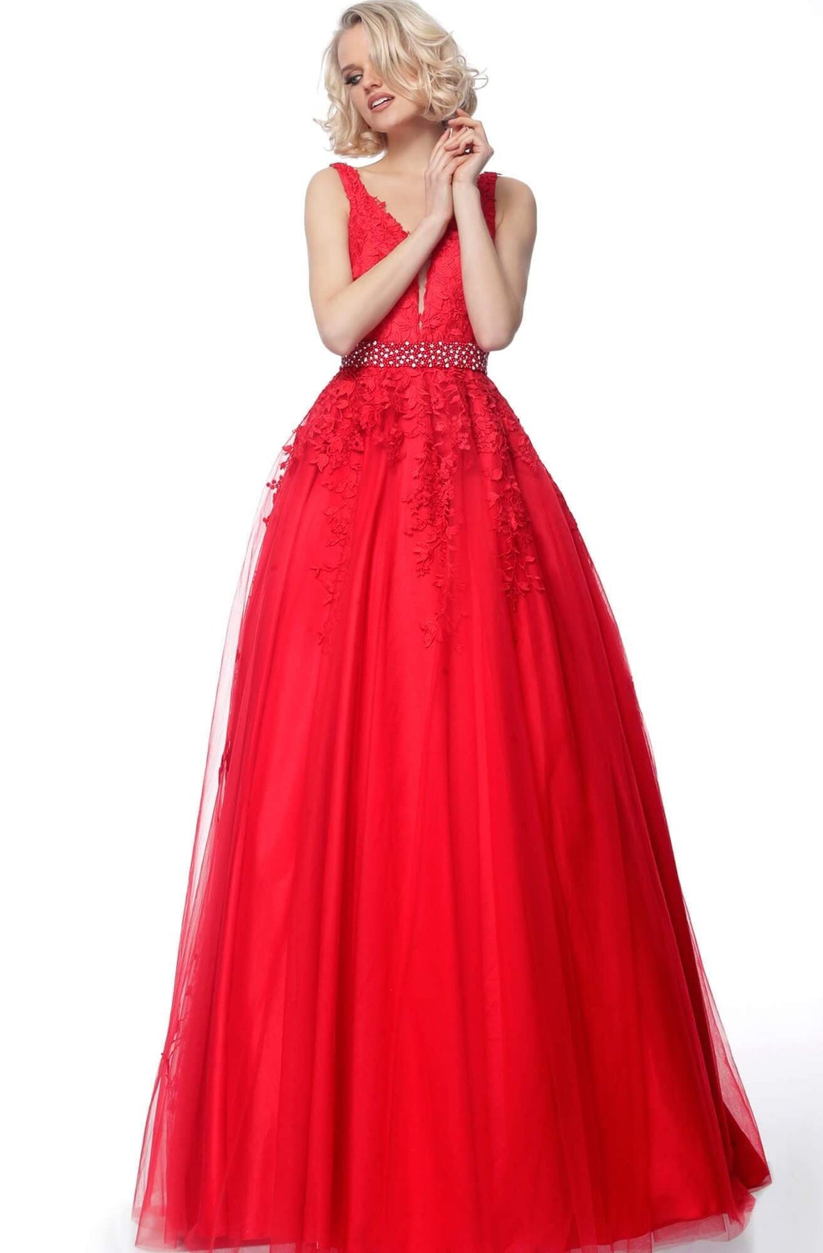 Jovani - JVN68258 Embellished Lace Deep V-neck Ballgown Special Occasion Dress