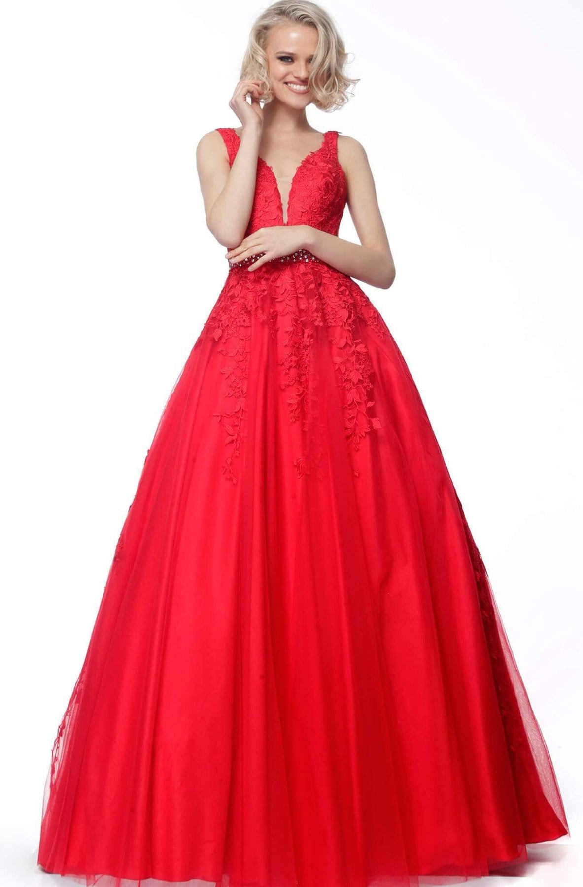 Jovani - JVN68258 Embellished Lace Deep V-neck Ballgown Special Occasion Dress