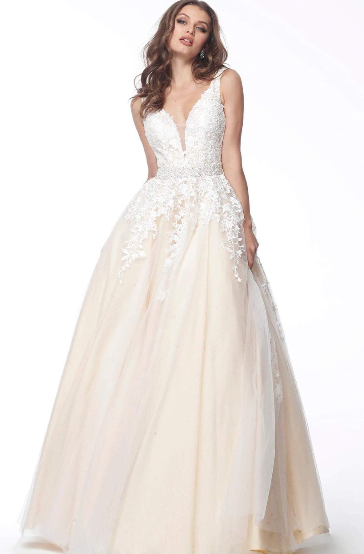 Jovani - JVN68258 Embellished Lace Deep V-neck Ballgown Special Occasion Dress