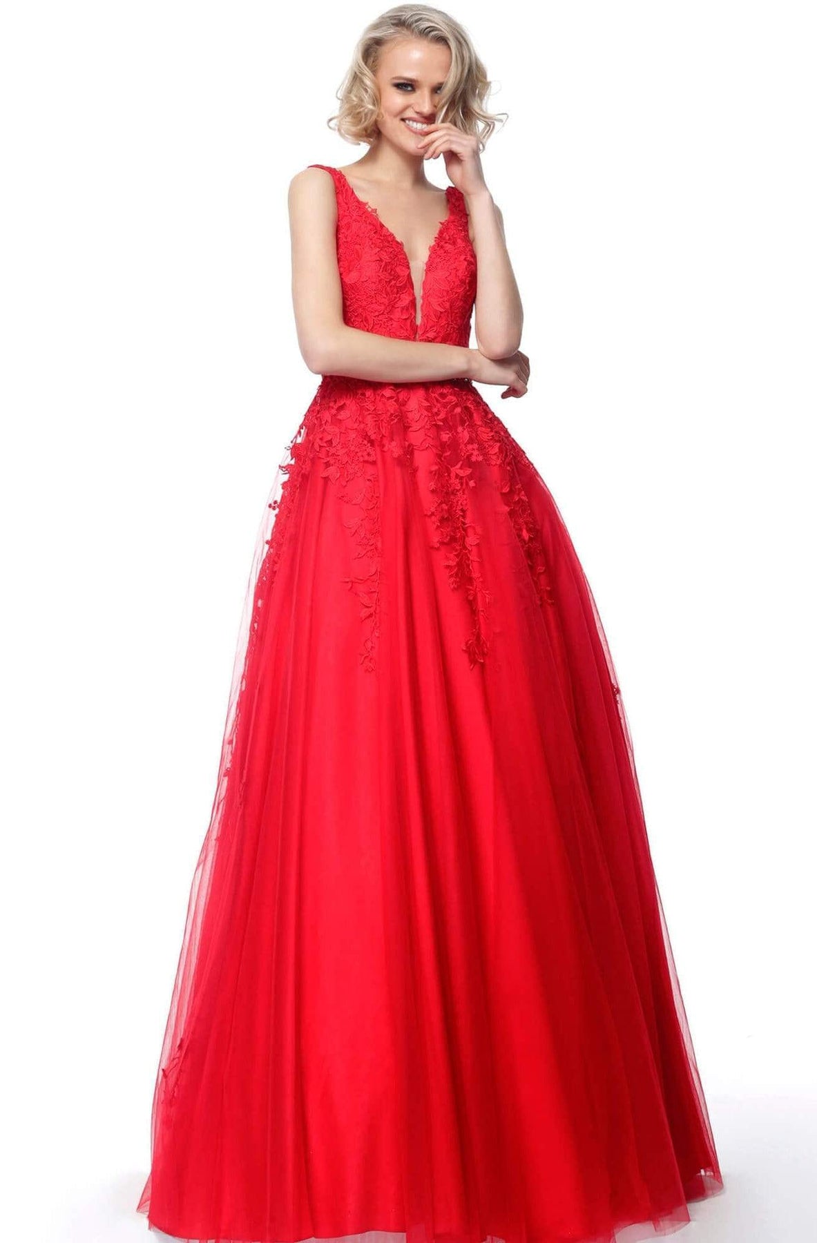 Jovani - JVN68258 Embellished Lace Deep V-neck Ballgown Special Occasion Dress