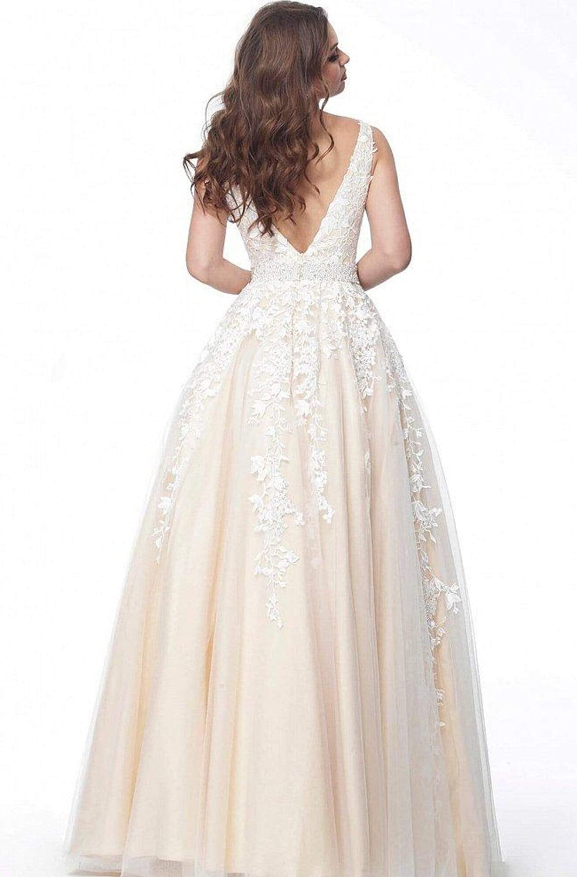 Jovani - JVN68258 Embellished Lace Deep V-neck Ballgown Special Occasion Dress