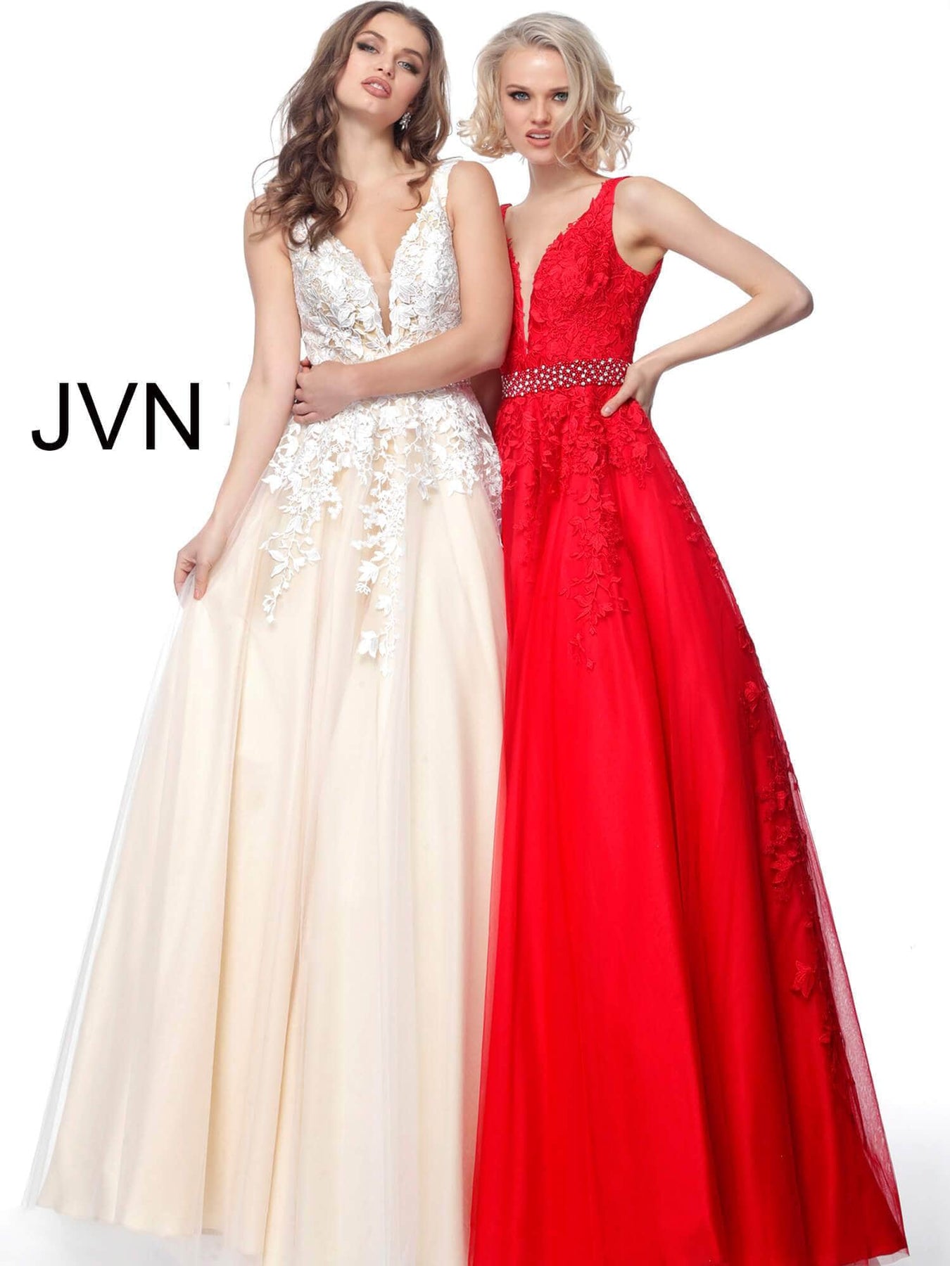 Jovani - JVN68258 Embellished Lace Deep V-neck Ballgown Special Occasion Dress