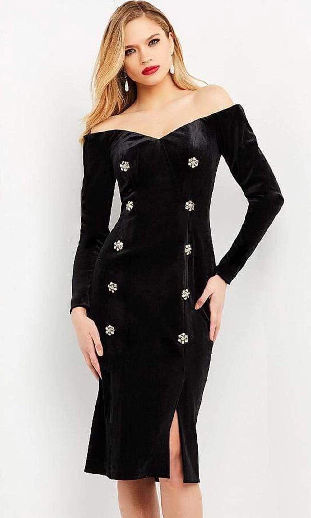 Jovani M3285 - Knee Length Sheath Dress - Long sleeves, Floral buttons, Fitted bodice, Slit, Off shoulder sleeves 2 / Black Jovani M3285 - Knee Length Sheath Dress - Long sleeves, Floral buttons, Fitted bodice, Slit, Off shoulder sleeves 2 / Black
