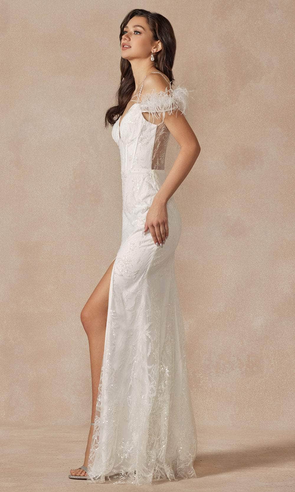 Juliet Dresses 2402W - Feathered Sleeve Bridal Gown with Glitters Wedding Dresses