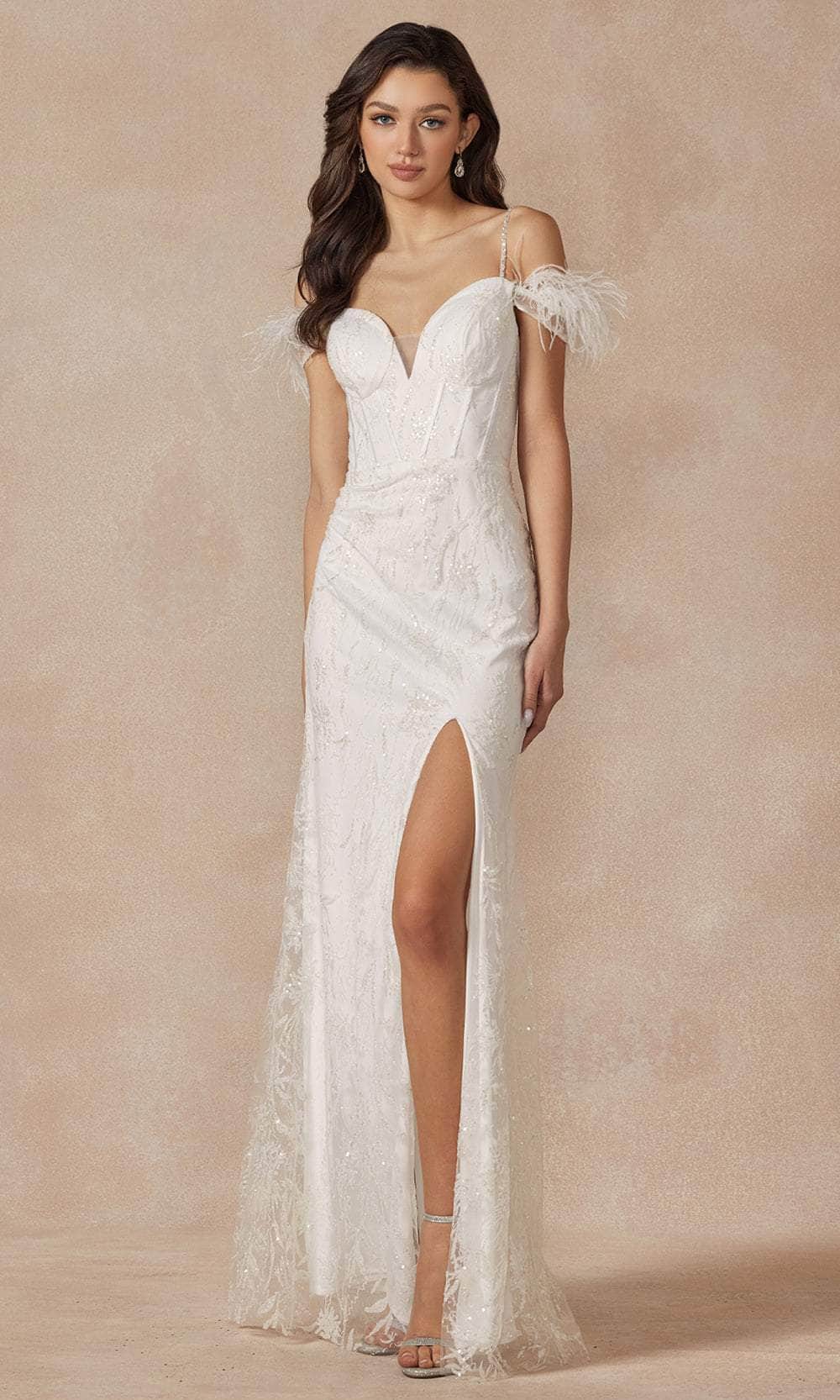 Juliet Dresses 2402W - Feathered Sleeve Bridal Gown with Glitters Wedding Dresses