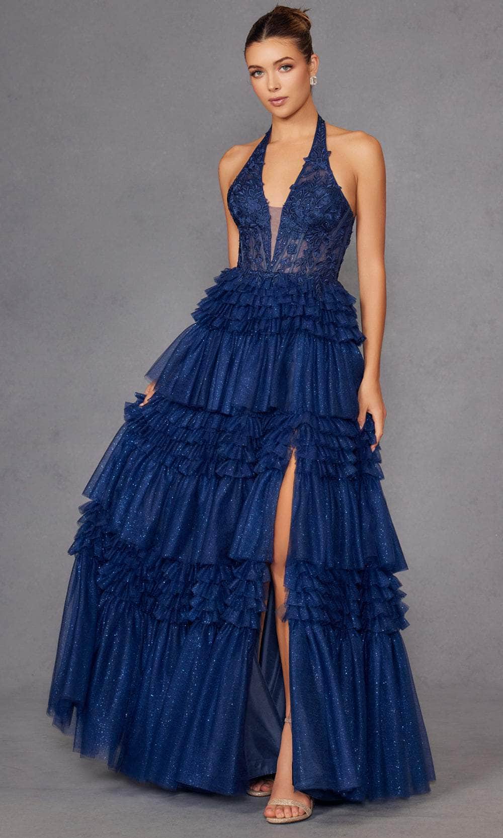 Tulle Appliques Halter Ruffle Tiered Ball Gown