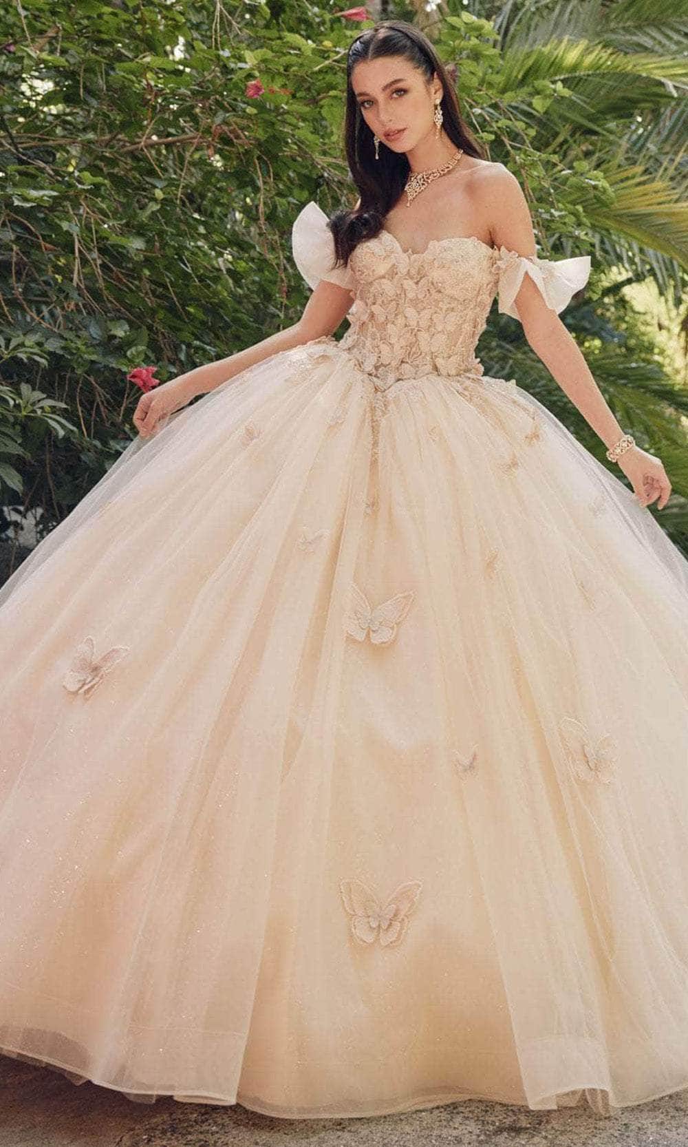 Juliet Dresses JT1448J - Butterfly Appliqued Sweetheart Ballgown Special Occasion Dresses XS / Champagne